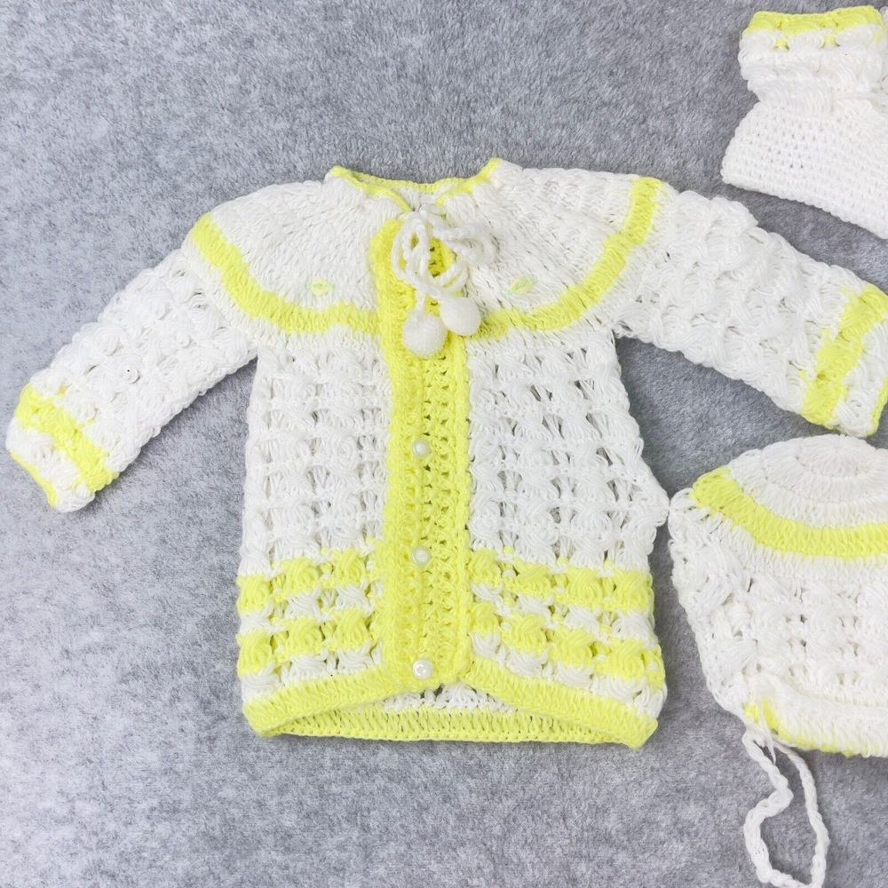 Vintage Handmade Yellow White Knit Baby Set Outfit Dress  Booties Bonnet Doll - Picture 4 of 14